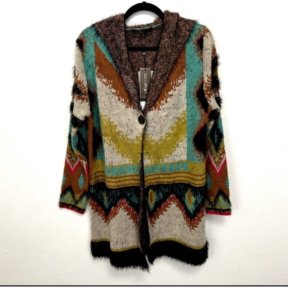 Maxsport‎ Sweater Cardigan Aztec Tribal Colorful Cozy Size M Hooded Fall Autumn